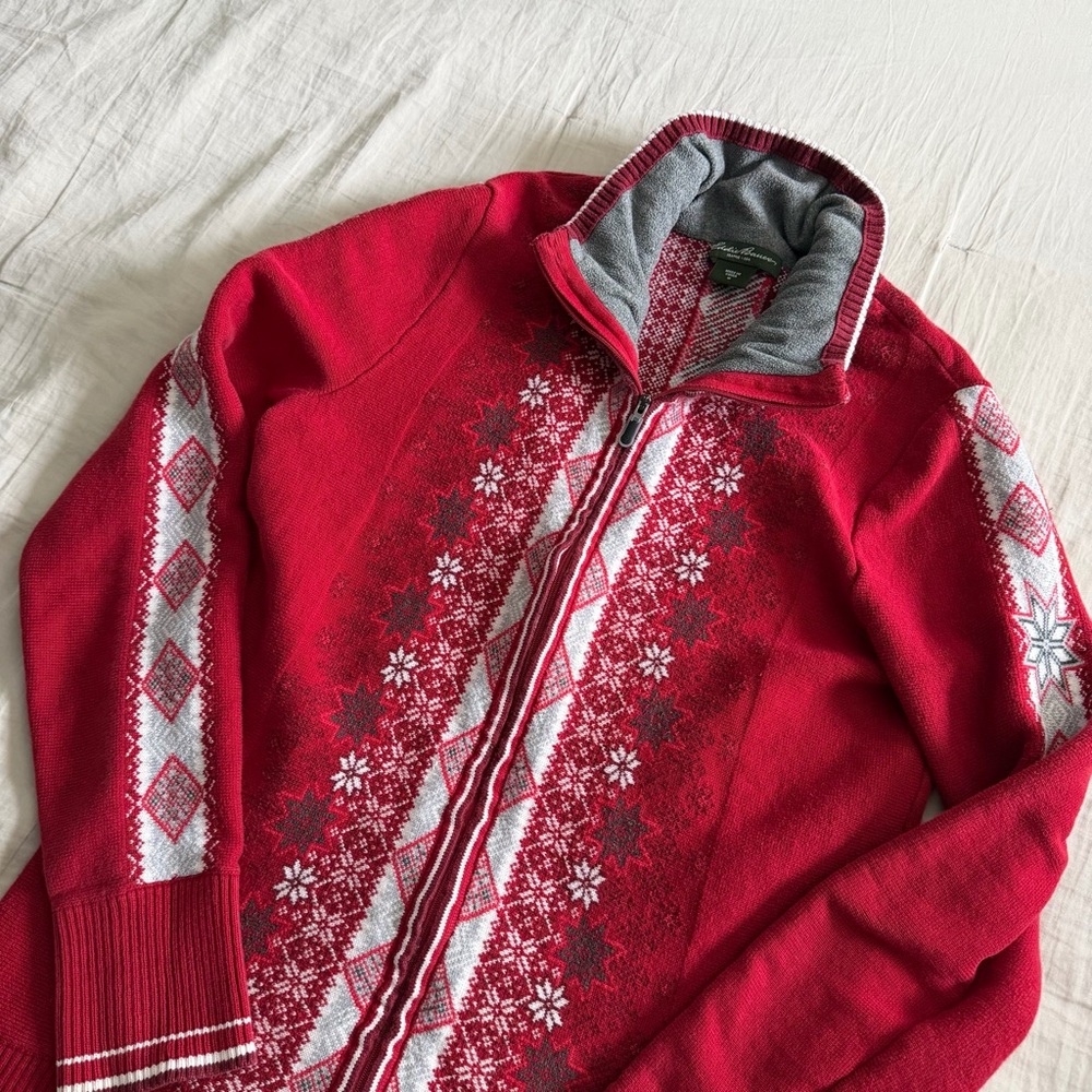 Eddie Bauer Nordic Snowflake Full Zip Sweater Jacket‎ Red White Christmas